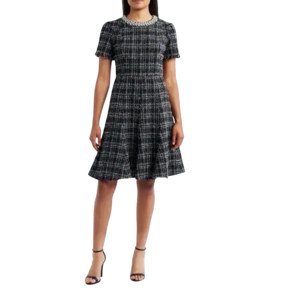 Eliza J Rhinestone Trim Fit And Flare Tweed Dress Black Gray Combo Size 10